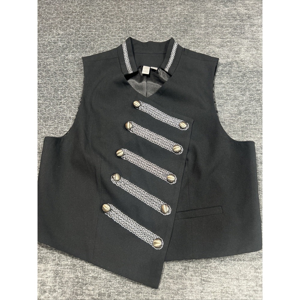 GO International Black Military Vest Jacket Sz Large Silver Braid Gold Buttons
